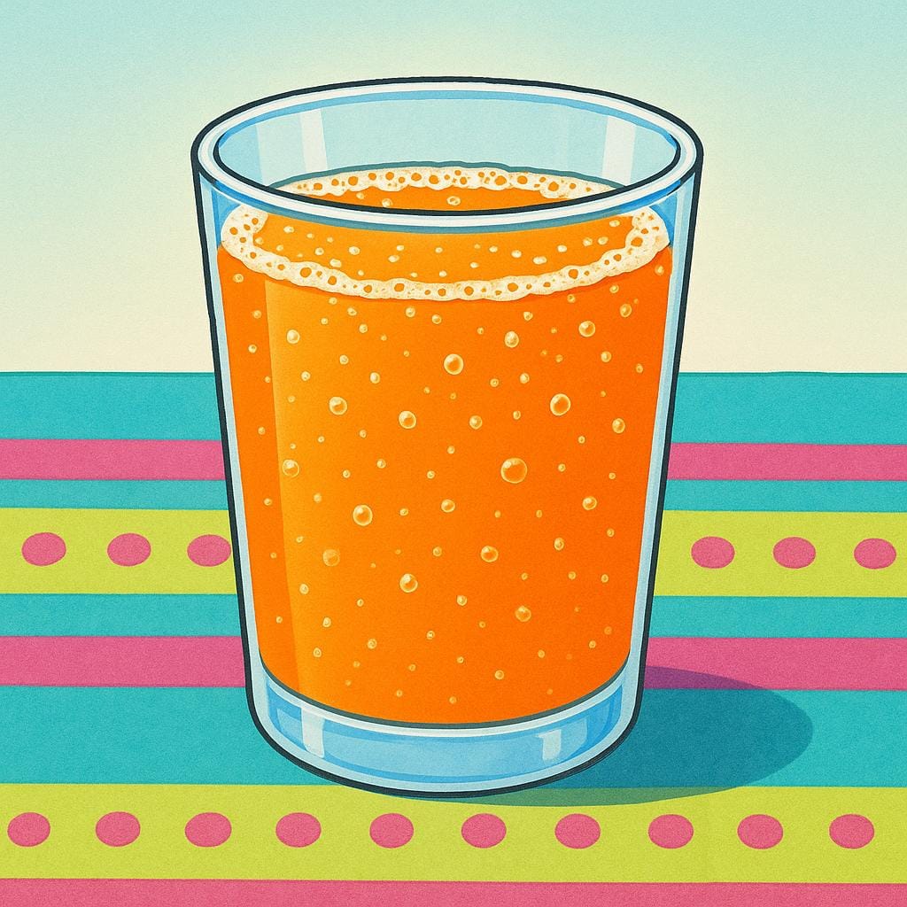 A clear glass filled with a bubbling, bright orange soft drink, showing condensation on the outside.