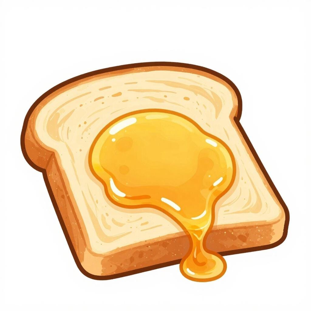 A slice of bread with a thick layer of golden honey dripping off the side.