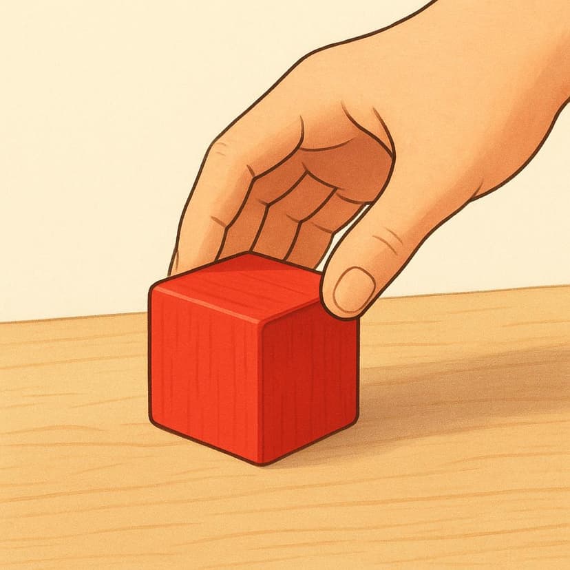 Eine Nahaufnahme einer Hand, die einen leuchtend roten Holzklotz auf einen sauberen Holztisch legt, was die physische Platzierung demonstriert.