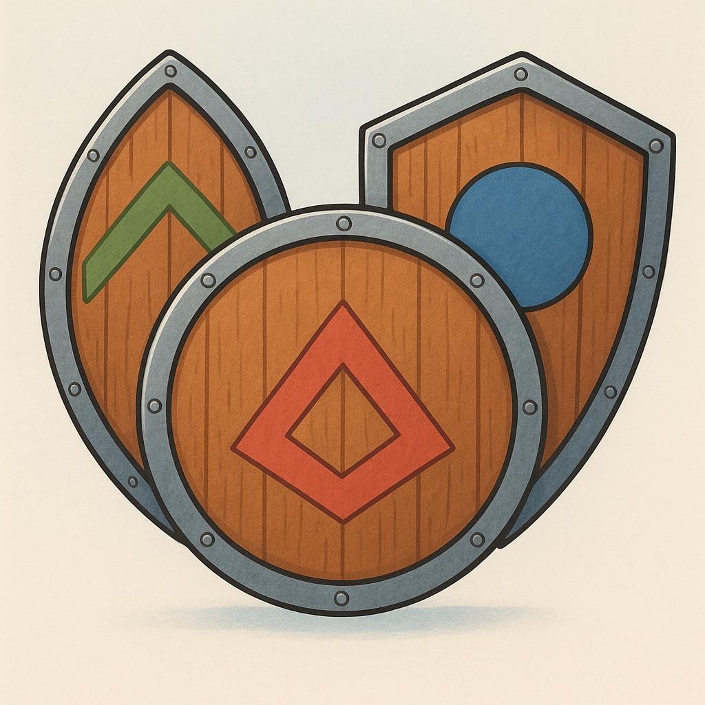 Three overlapping, simple, traditional wooden battle shields with metal rims, stacked slightly together.