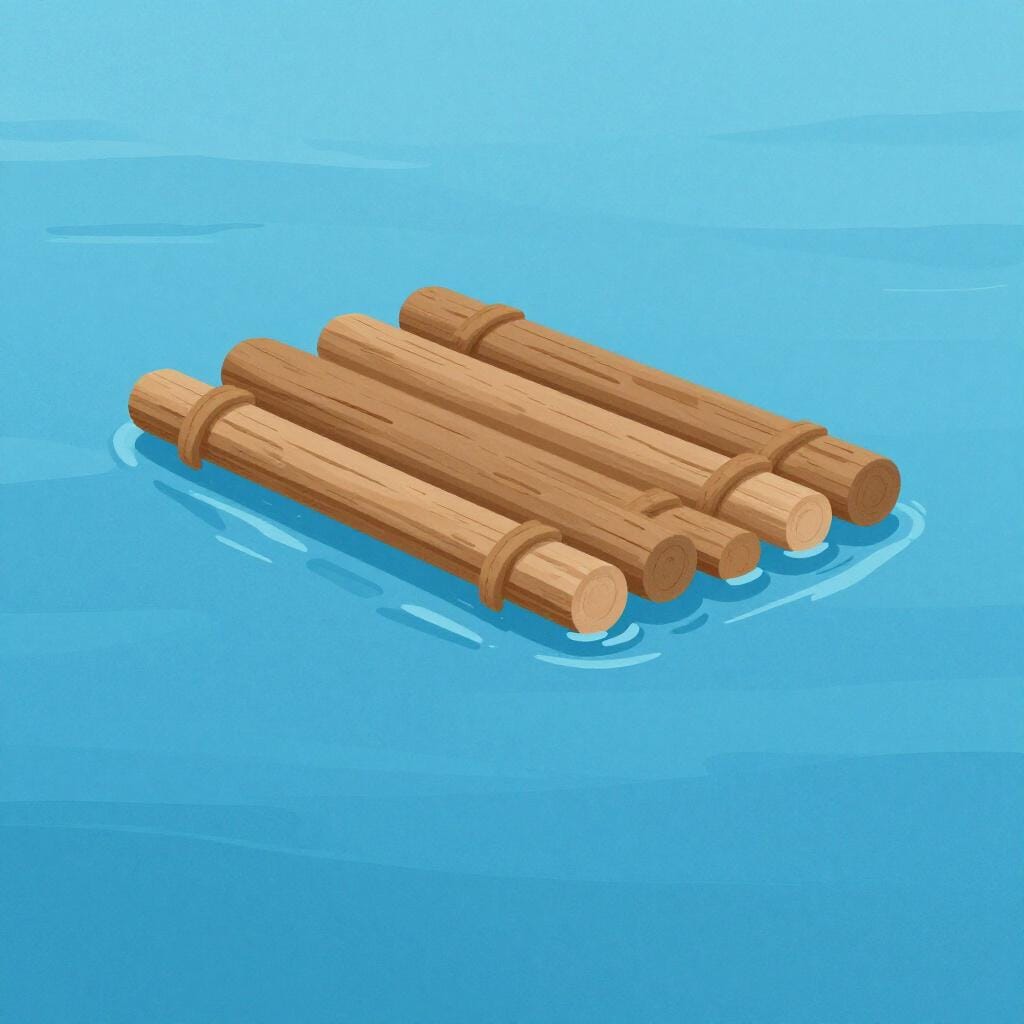 A simple wooden raft floating on calm blue water.