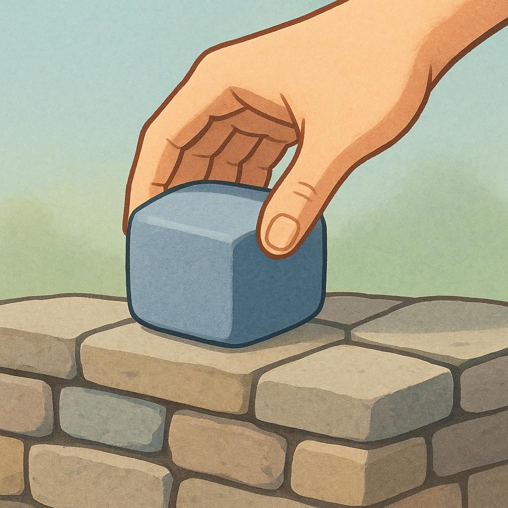 A hand carefully placing a solid, rectangular block onto a finished foundation, symbolizing the establishment of a system or rule.
