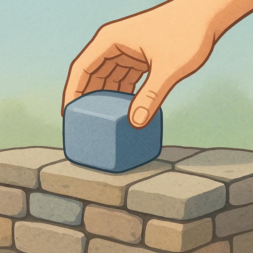 A hand carefully placing a solid, rectangular block onto a finished foundation, symbolizing the establishment of a system or rule.