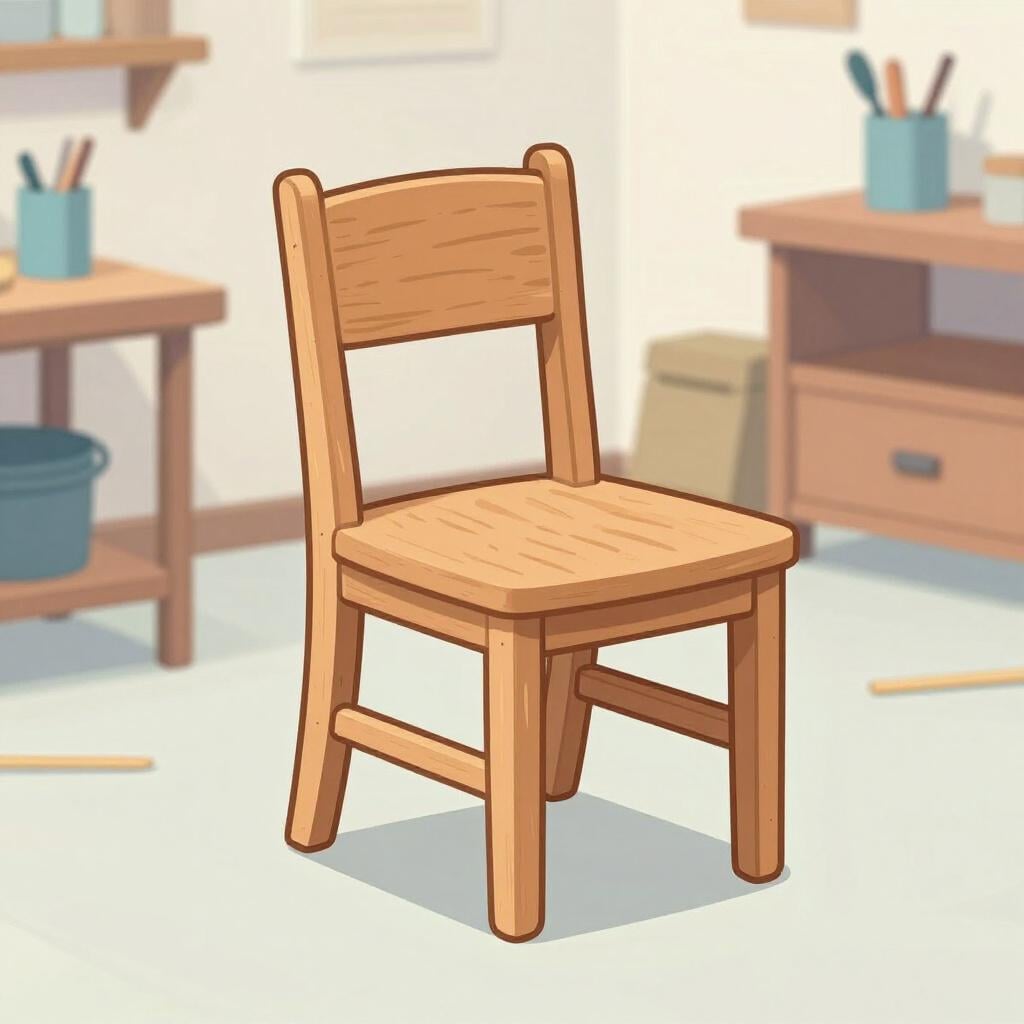 Een houten stoel die door een robotarm in een lichte werkplaats wordt geassembleerd.