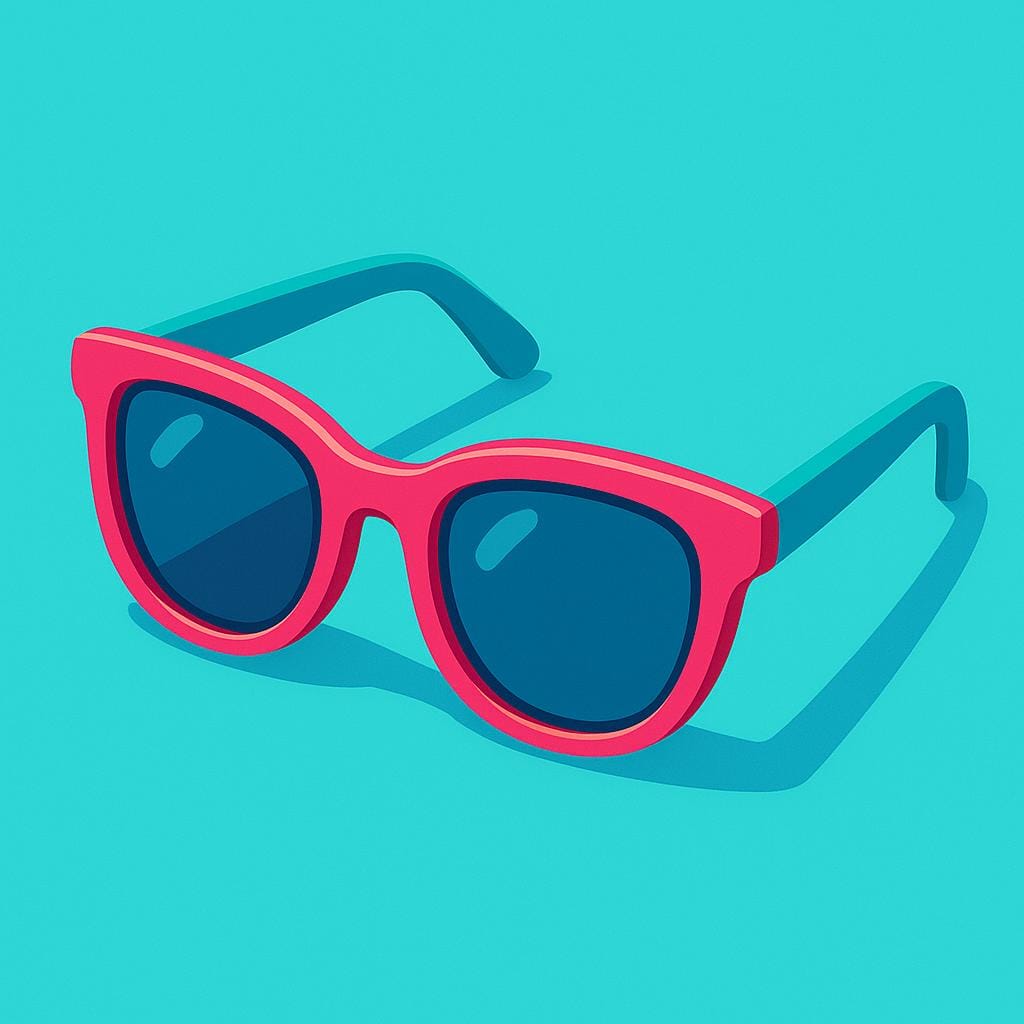 A pair of oversized, colorful, and sleek retro sunglasses resting on a bright solid colored surface, symbolizing something fashionable and cool.