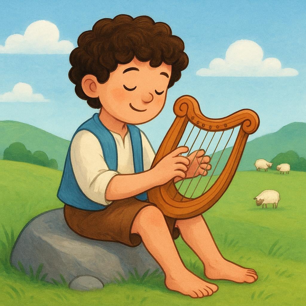A smiling young boy with curly hair sitting on a sunlit rock, gently playing a small, simple wooden harp.