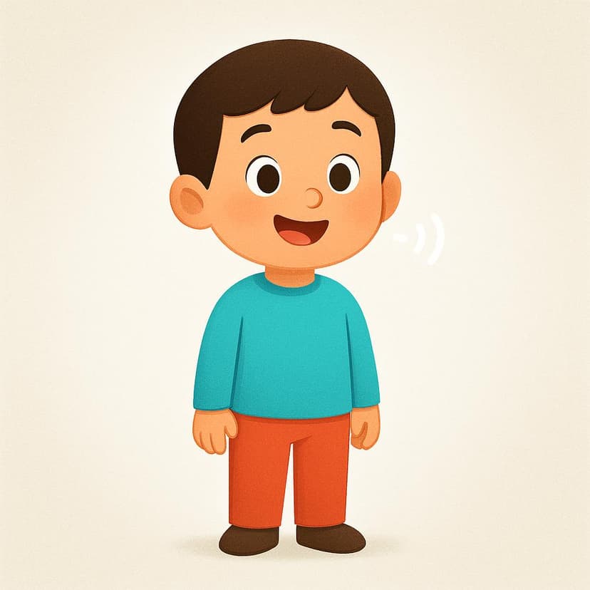 A colorful storybook illustration of a friendly character standing alone. A small, simple white sound wave icon is shown floating away from their slightly open mouth, indicating they have just finished speaking.