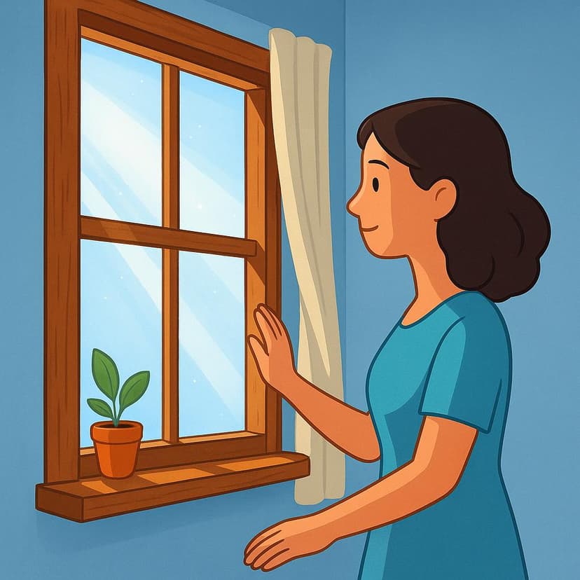 A young woman standing inside a brightly lit room, gently pushing open a wooden window to allow fresh air and sunlight inside.
