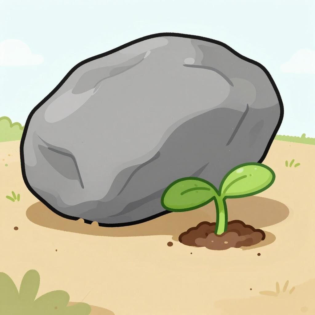 Un singolo fiore luminoso che cerca di crescere mentre una pesante pietra grigia gli sta sopra.