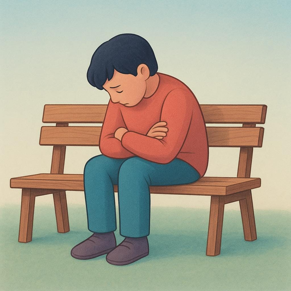 A single person sits alone on a simple bench in a quiet park, looking down with their arms crossed, illustrating a reserved personality.