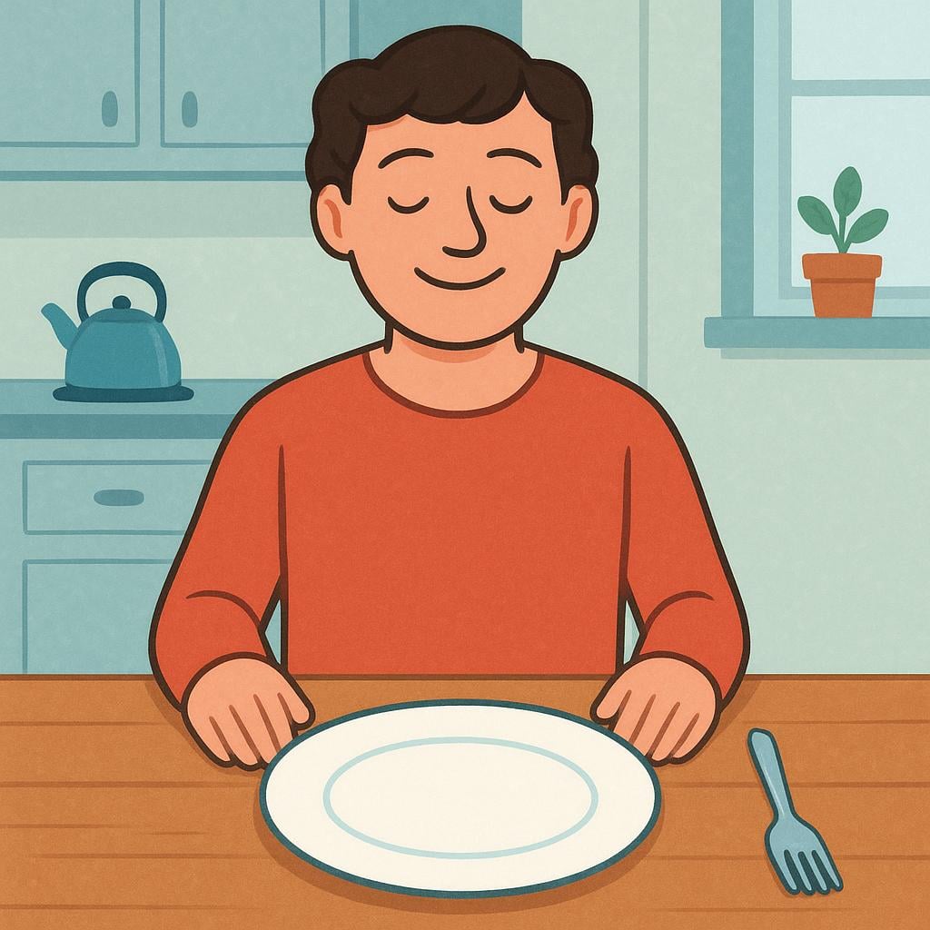 A person sitting at a wooden table with an empty plate and a fork, looking satisfied after finishing a meal.