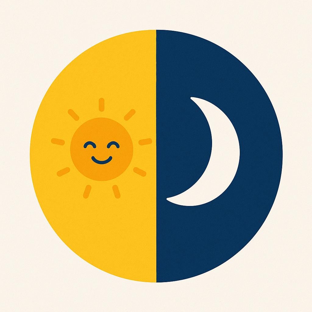 A storybook illustration of a single circle split vertically down the middle, depicting opposite concepts. The left half is bright yellow with a smiling sun (day), and the right half is deep indigo blue with a simple white crescent moon (night).