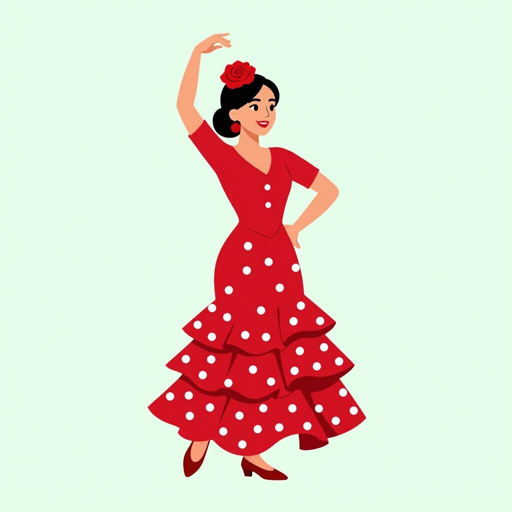 A woman in a traditional red Spanish flamenco dress with a flower in her hair.