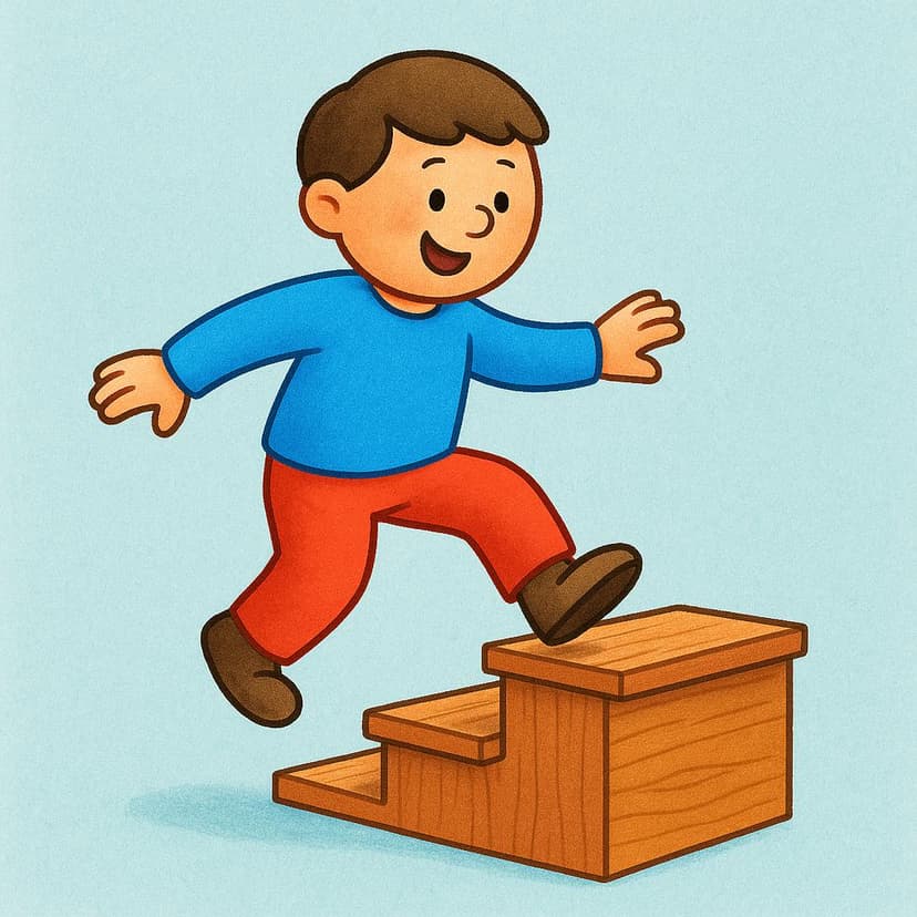 短い木製の階段の一番下の段を降りる人の簡略化されたイラスト。