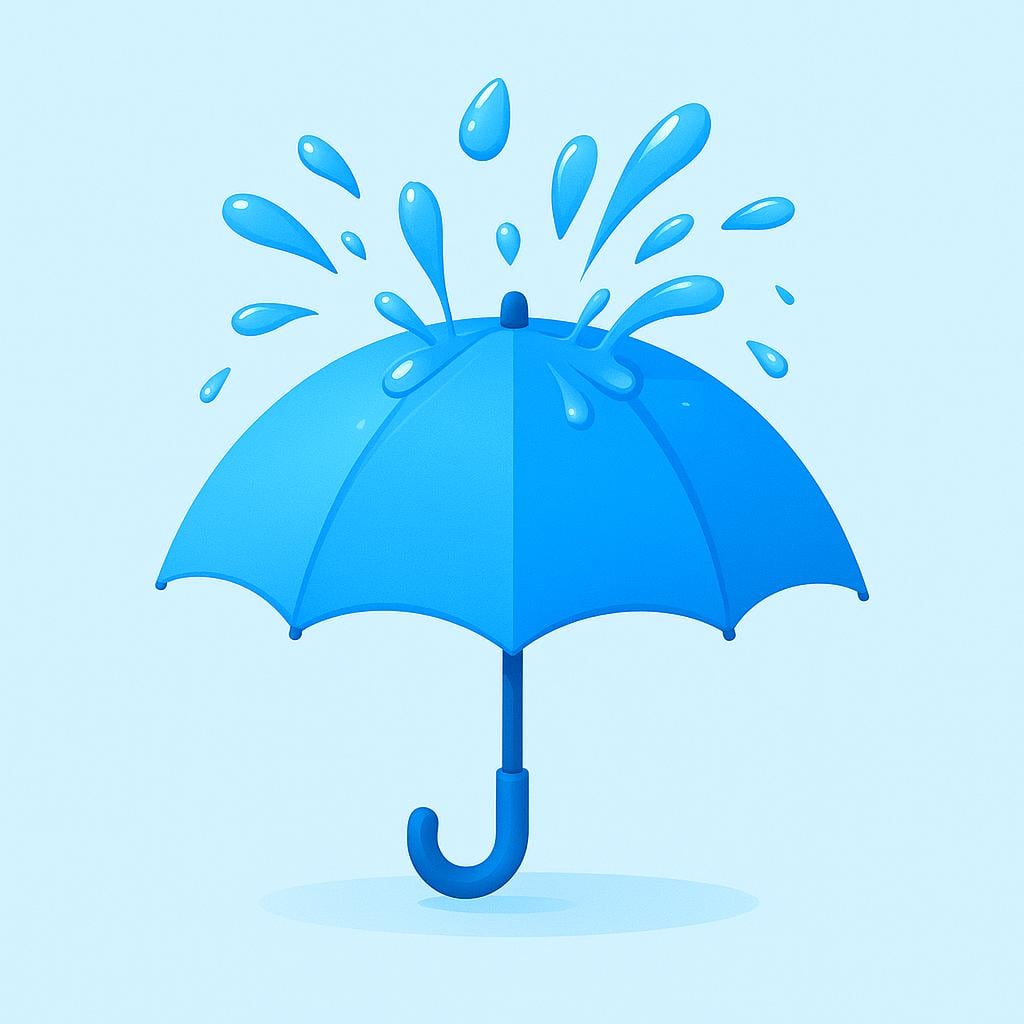 A blue umbrella being hit by raindrops against a soft blue sky.