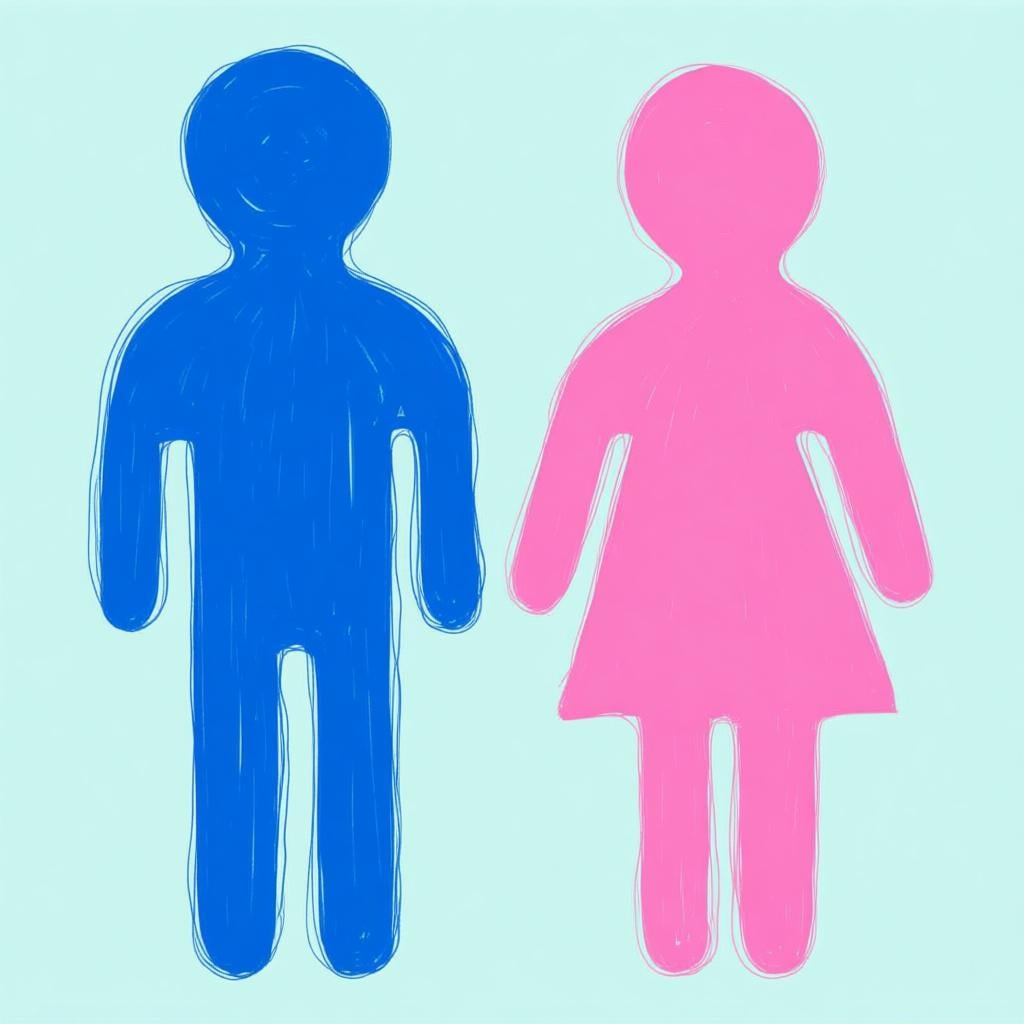 Two simple, stylized figures standing side-by-side, one blue representing male and one pink representing female, symbolizing biological categorization.