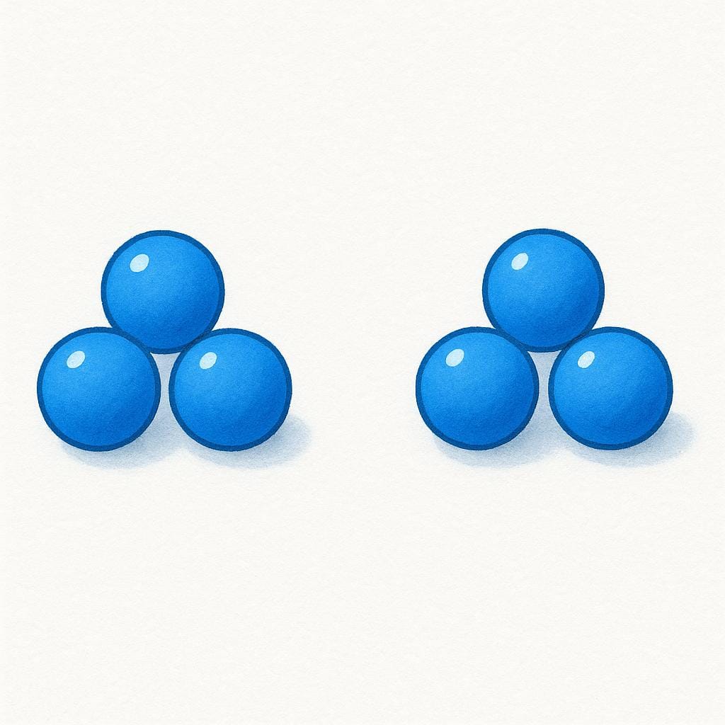 Six identical small blue spheres arranged clearly in two groups of three, demonstrating the mathematical concept of multiplication.