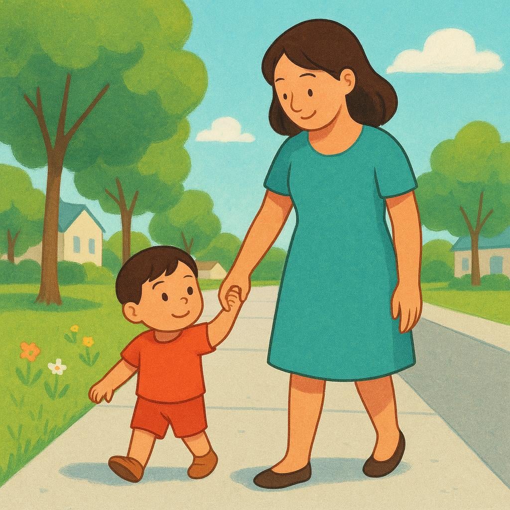 An adult holding a child's hand, leading them across a grassy field.