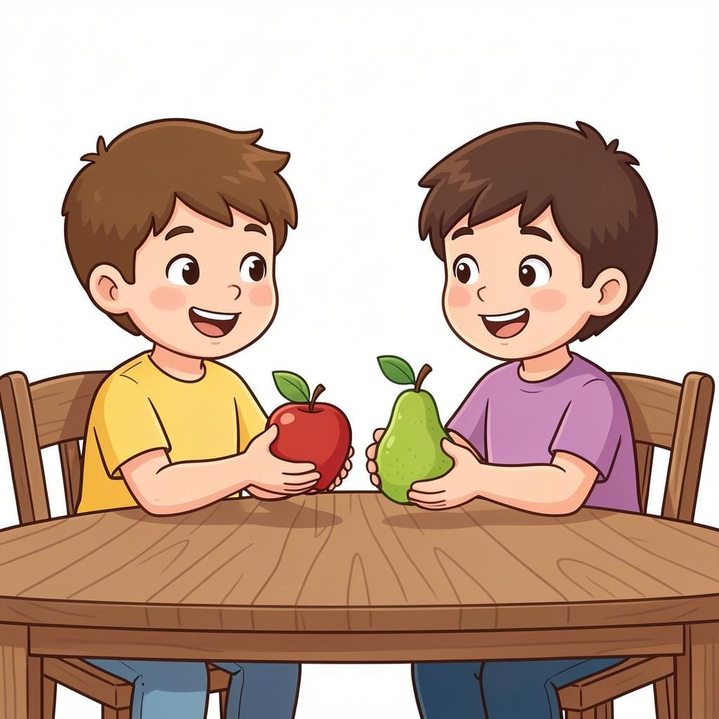 Two children sitting at a table, smiling and exchanging a red apple for a green pear.