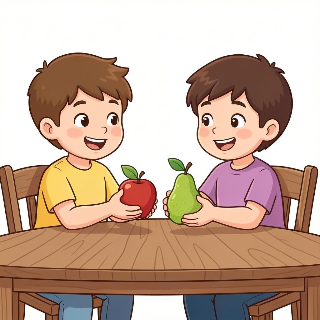 Two children sitting at a table, smiling and exchanging a red apple for a green pear.