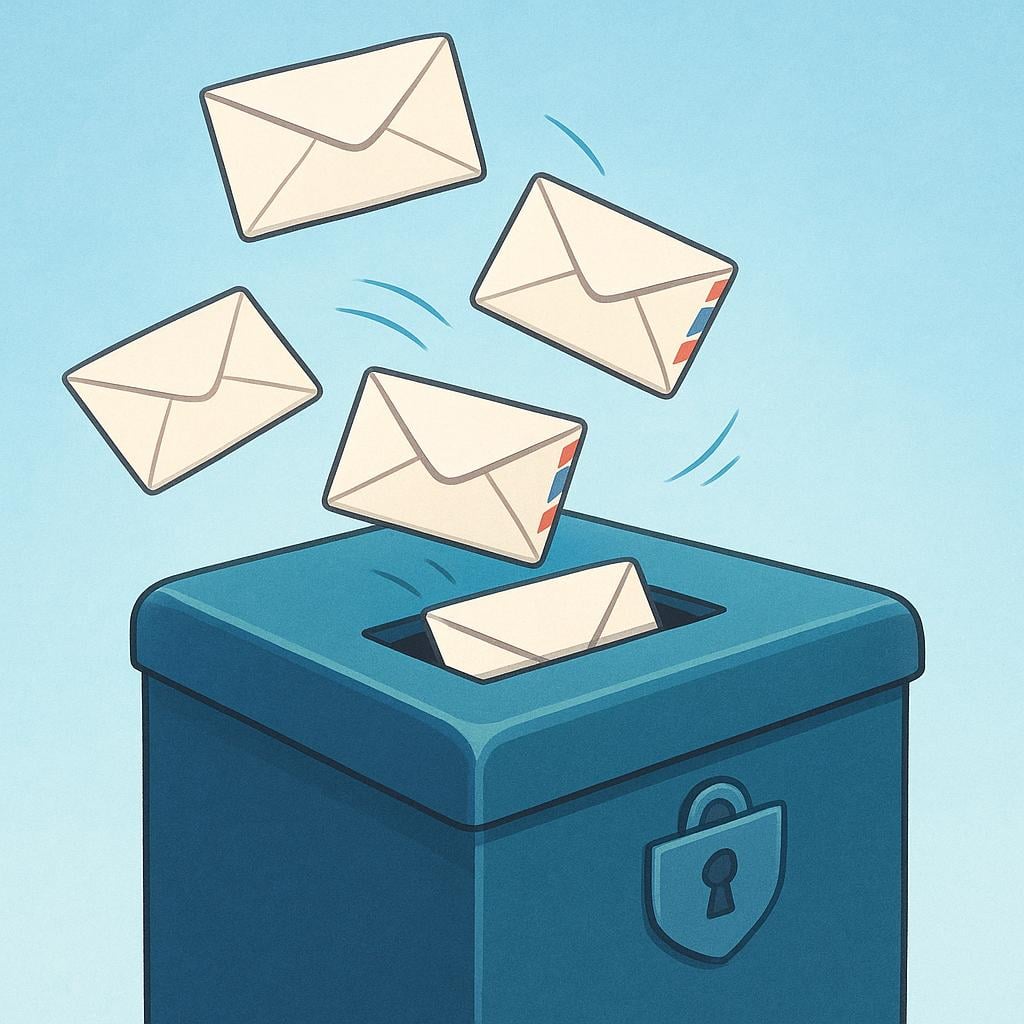A simple illustration showing several standardized formal envelopes being dropped into the slot of a large, secure collection box.