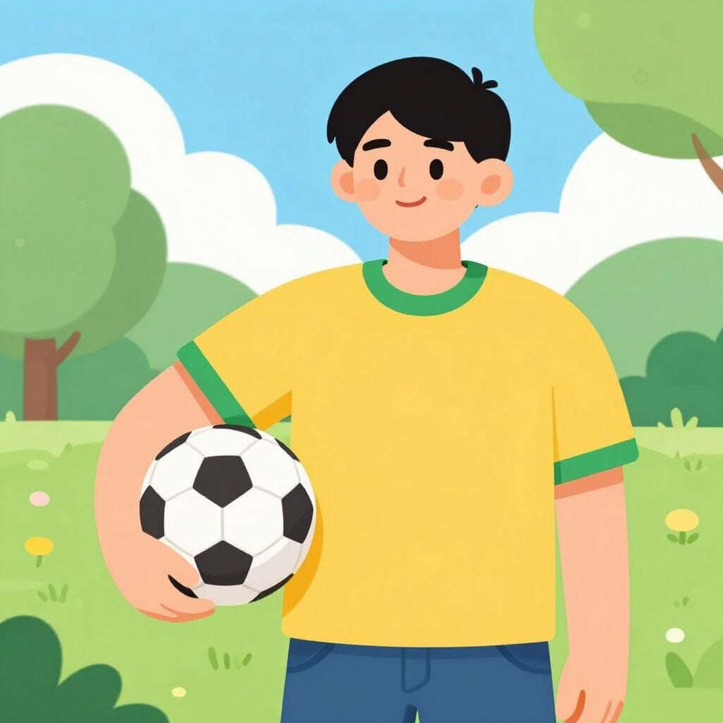 Uma pessoa feliz vestindo uma camisa de futebol amarela e verde, sorrindo e segurando uma bola de futebol.