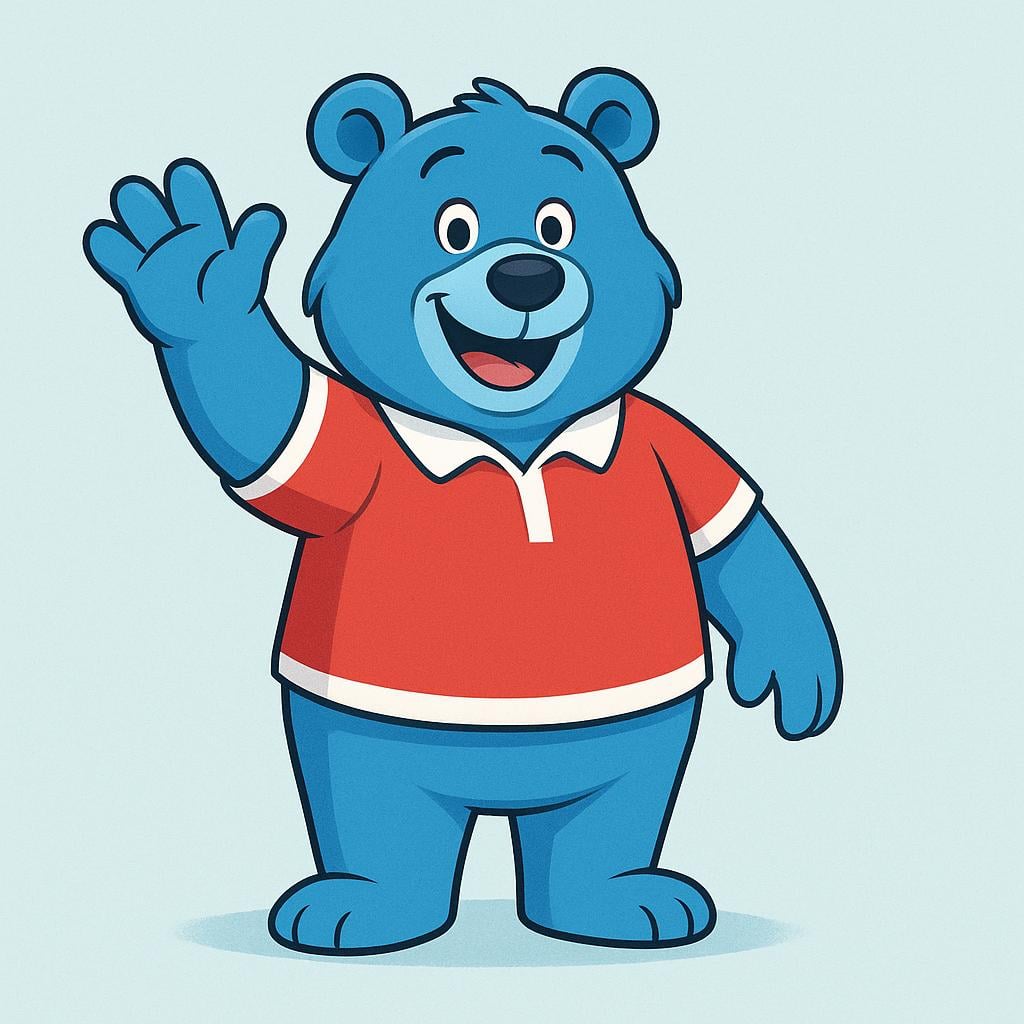A large, friendly blue bear character wearing a simple sports uniform, standing and waving enthusiastically.