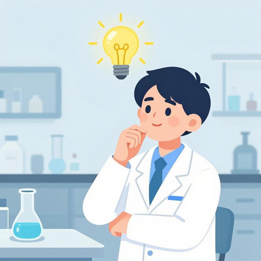 A scientist standing in front of a chalkboard with a lightbulb glowing above their head.