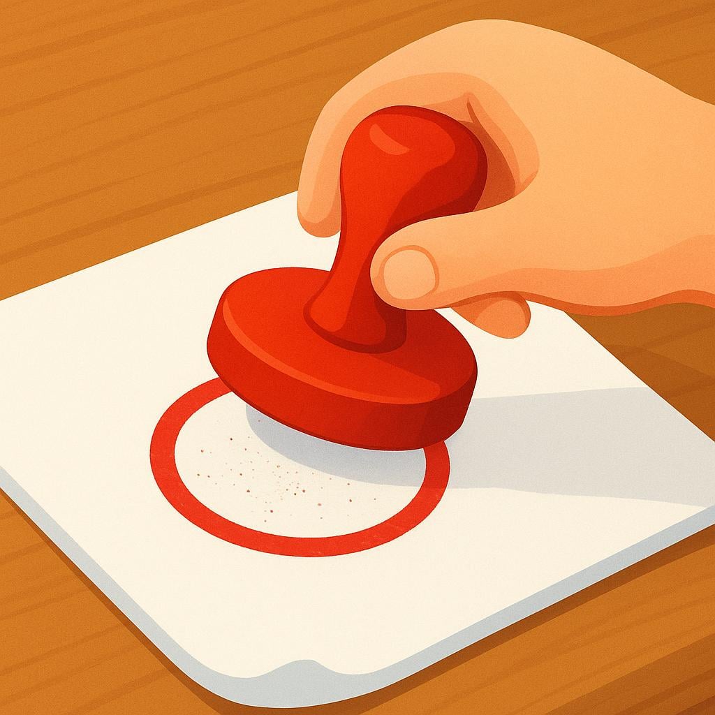 A hand holds a large, circular stamp pressing down firmly onto a white scroll or document, symbolizing the completion of the authorization process.