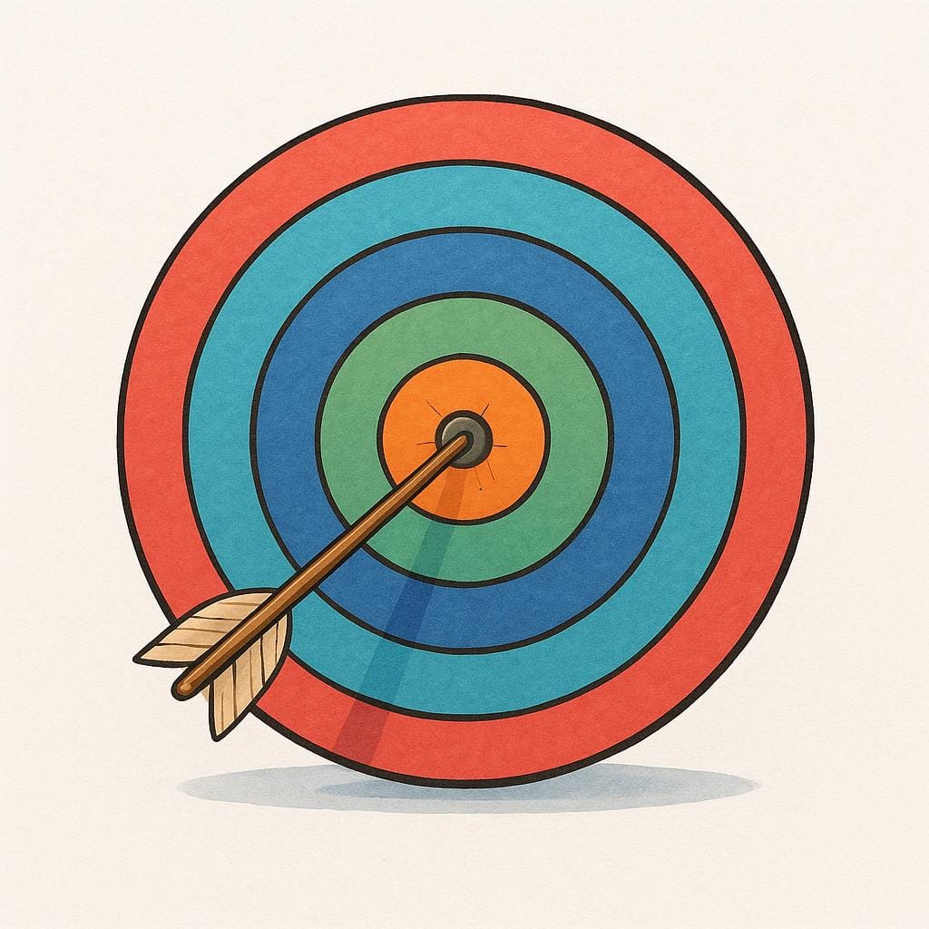 An arrow perfectly hitting the center bullseye of a colorful archery target, symbolizing purpose or a goal achieved.