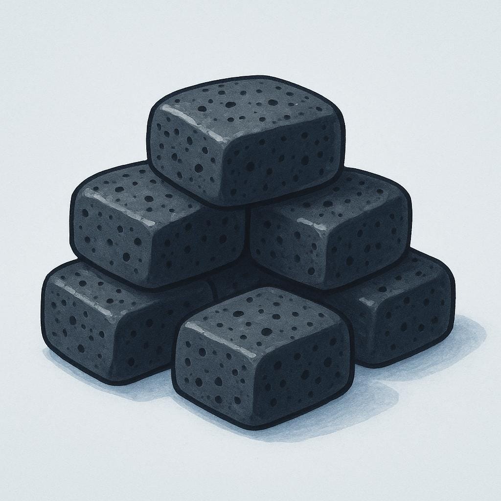 A small stack of uniform, porous, black charcoal briquettes specifically designed for grilling.