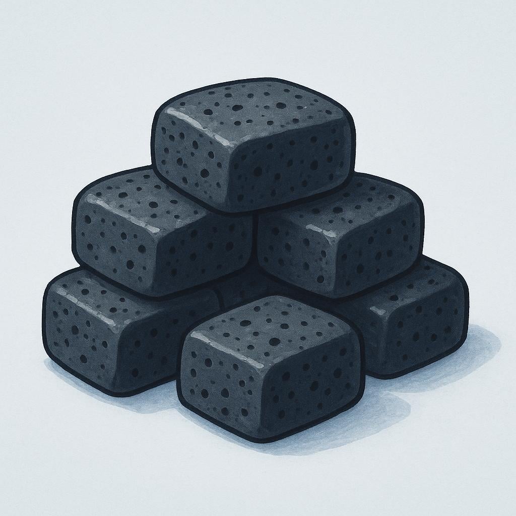 A small stack of uniform, porous, black charcoal briquettes specifically designed for grilling.