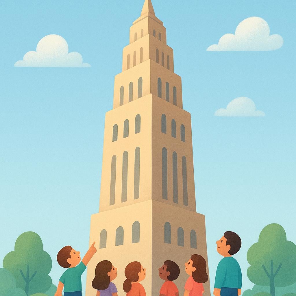 A drawing of a famous, iconic landmark structure being admired by many small people below.
