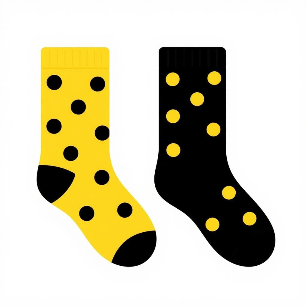 A pair of socks where one is bright yellow with black spots and the other is black with bright yellow spots.