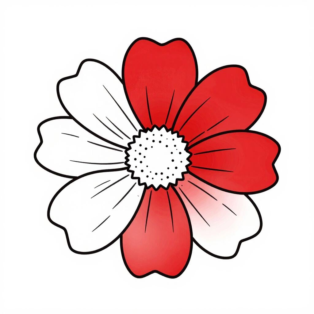 Eine teilweise gefärbte Zeichnung einer Blume, bei der nur die Hälfte der Blütenblätter mit leuchtendem Rot gefüllt ist.