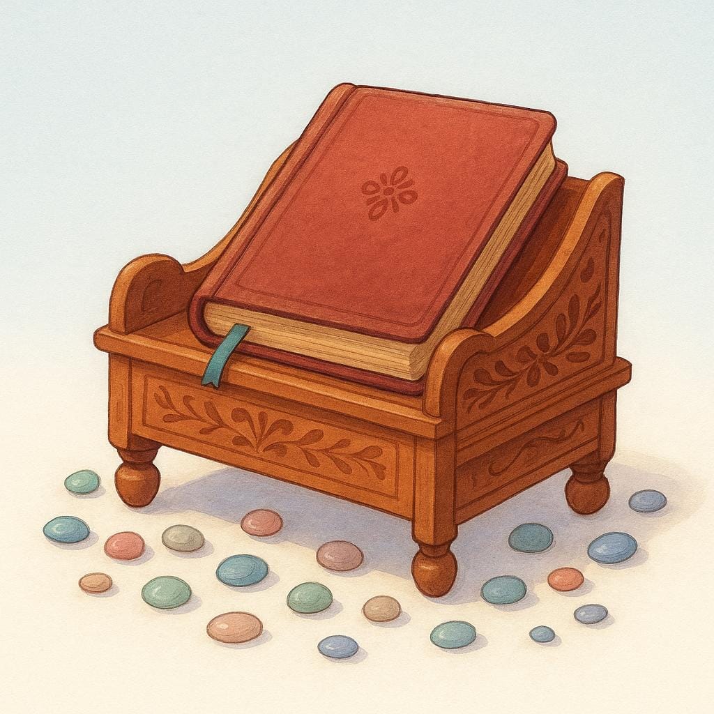 A small, decorative wooden stand acting as a shrine, holding a single well-loved book, symbolizing absolute devotion.