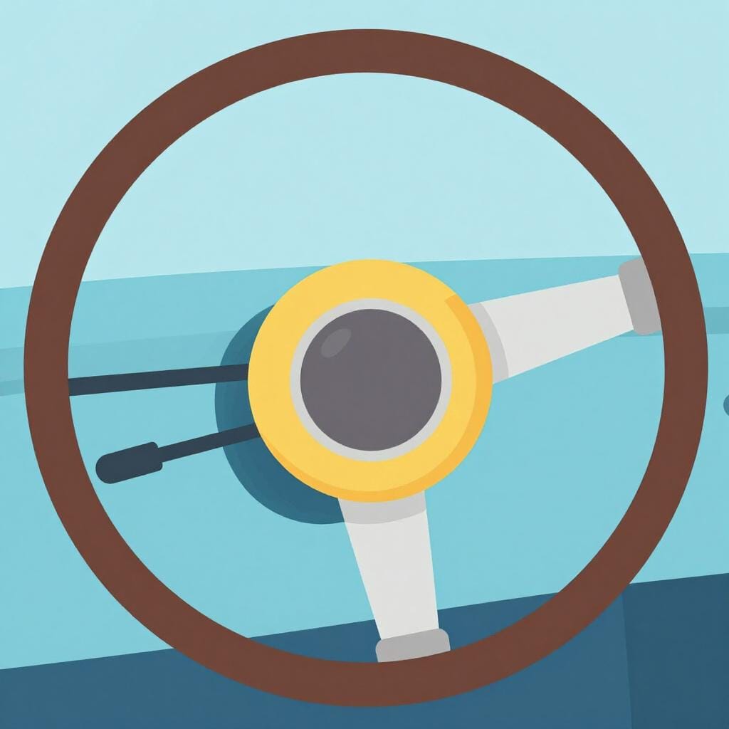 Un volant de voiture classique avec un grand bouton rond pour le klaxon au centre.