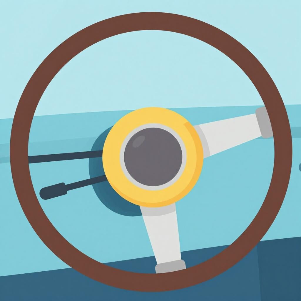 Un volant de voiture classique avec un grand bouton rond pour le klaxon au centre.