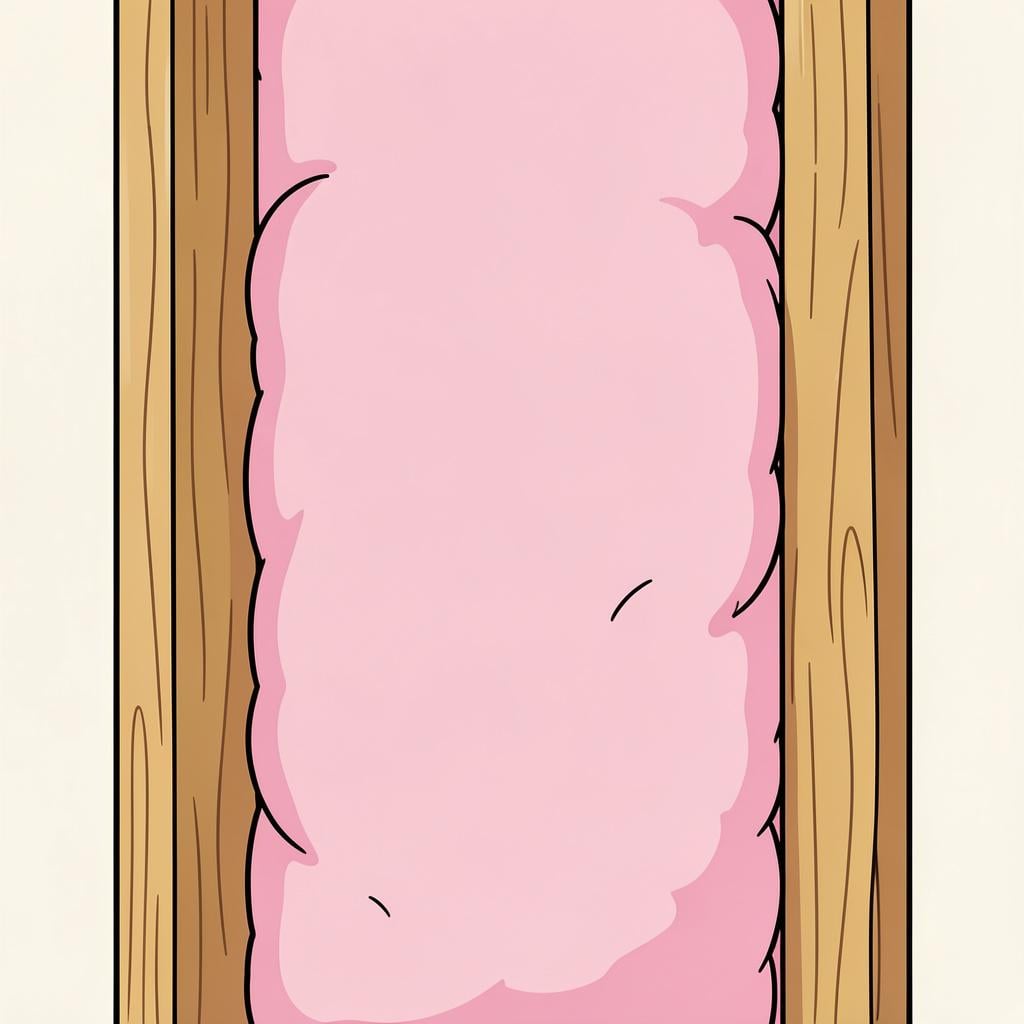 A cross-section of a wall showing thick, fluffy pink material tucked between wooden beams.