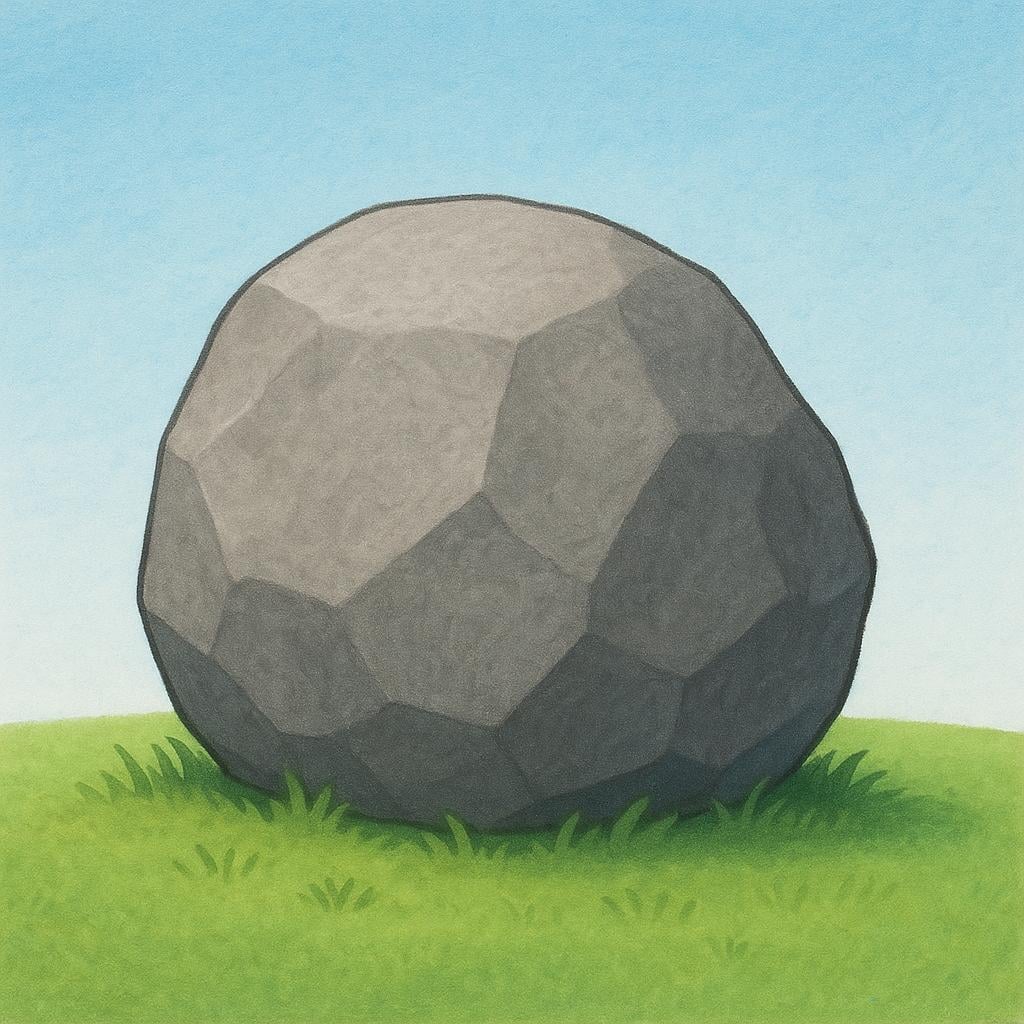 A massive, stable gray boulder resting immovably on a patch of green grass, illustrating stability.