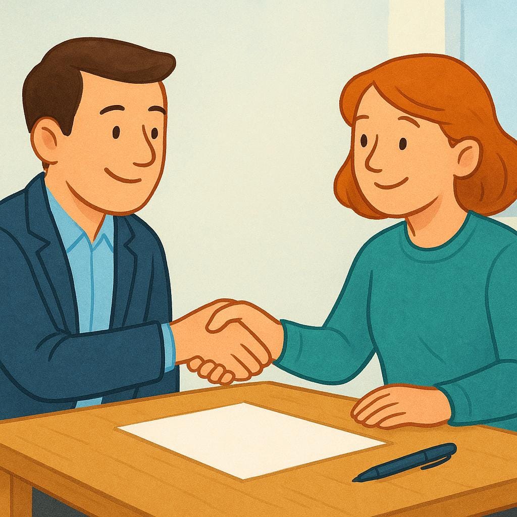 Two people sitting across a table, shaking hands over a simple document, symbolizing a legal agreement.