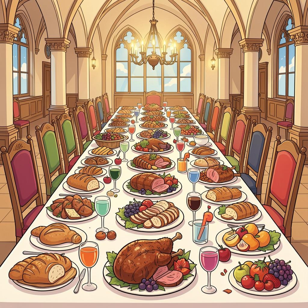 A long wooden table filled with many plates of delicious food, including roasted chicken, fresh bread, and fruit, with many chairs around it.