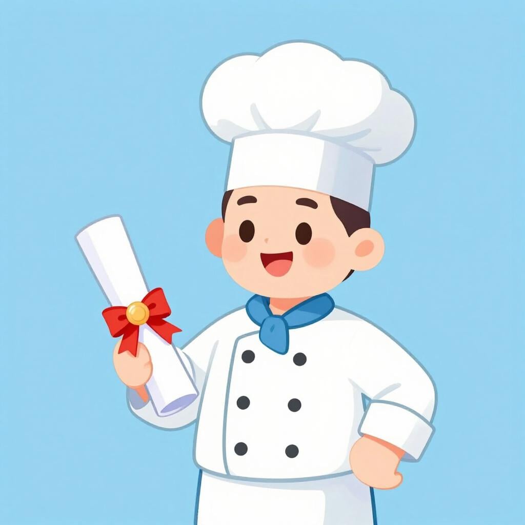 Eine lächelnde Fachkraft in sauberer Uniform hält ein zusammengerolltes Zertifikat mit einem roten Band und einem goldenen Siegel.