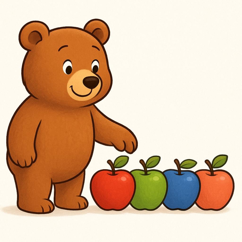 A simple storybook illustration of a friendly bear using its paw to tap the last of five brightly colored apples, indicating it is counting them.