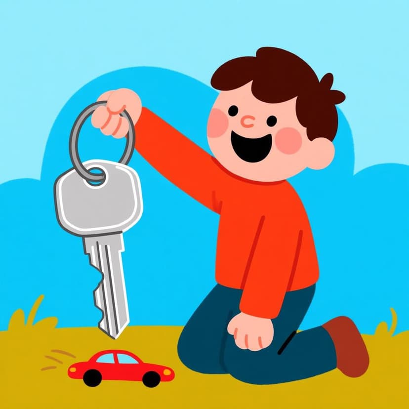 A smiling person holding up a large, shiny car key they just discovered on the ground, symbolizing finding a lost object.