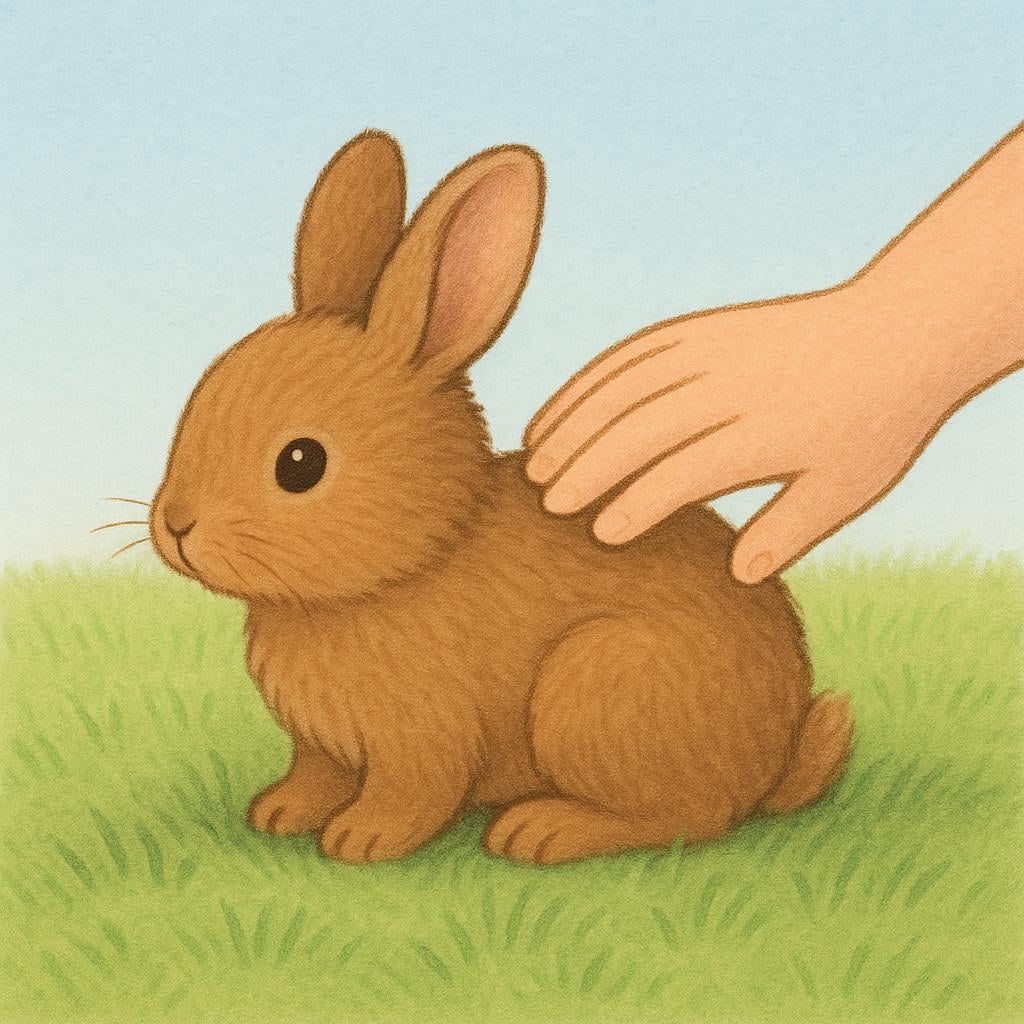 A small, fluffy brown rabbit sitting calmly on soft grass while a human hand gently strokes its back, illustrating gentleness.