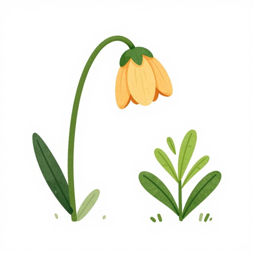 Uma flor murcha com pétalas caídas ao lado de uma planta verde saudável e ereta.