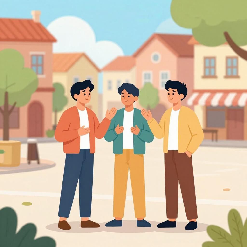 A small group of people standing in a circle in a village square, gesturing as if sharing news or rumors.