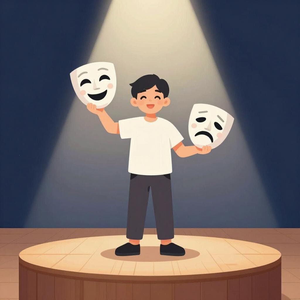 An actor on a stage holding two different faces.