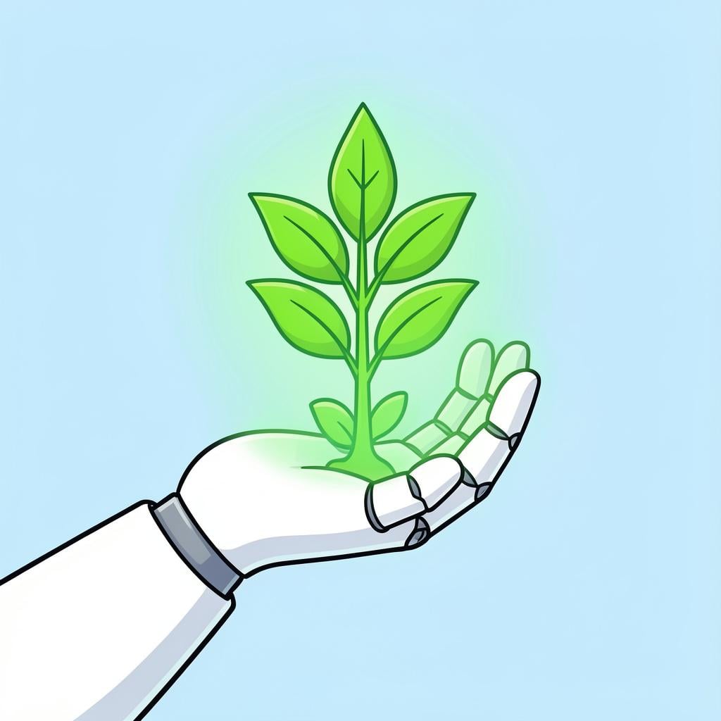 A sleek, futuristic robot hand gently holding a glowing holographic plant.